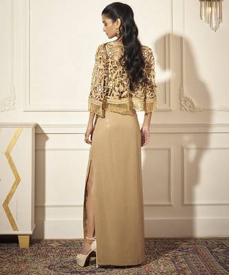 Gold organza embroidered skirt & bustier with cape 5
