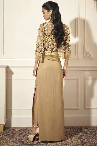 Gold organza embroidered skirt & bustier with cape