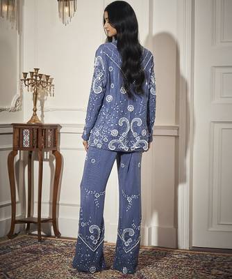Blue satin embroidered blazer paired with bustier & pant 2