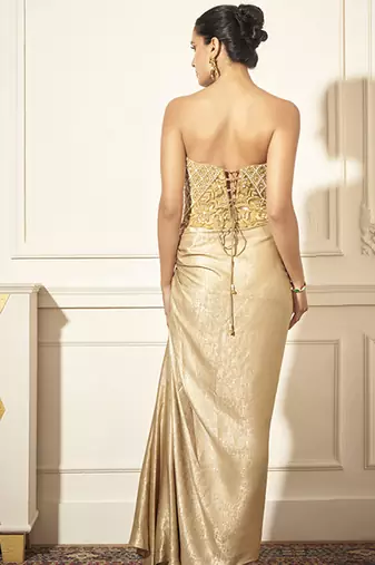 Gold organza plain skirt & cape with embroidered bustier
