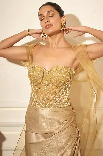 Gold organza plain skirt & cape with embroidered bustier