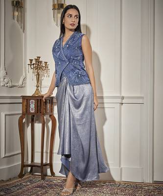 Blue organza embroidered waistcoat paired with skirt 1