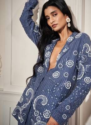 Blue satin embroidered blazer paired with bustier & pant 4