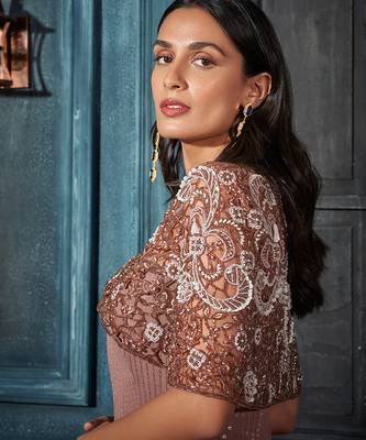 Rose gold net embroidered top paired with pant & cape 2