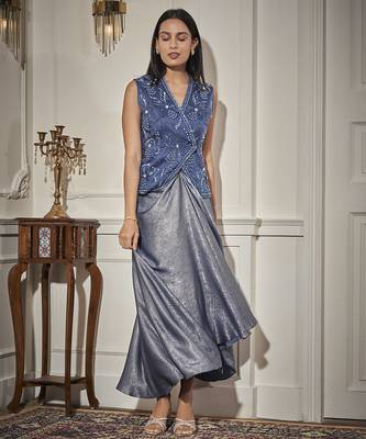 Blue organza embroidered waistcoat paired with skirt 3