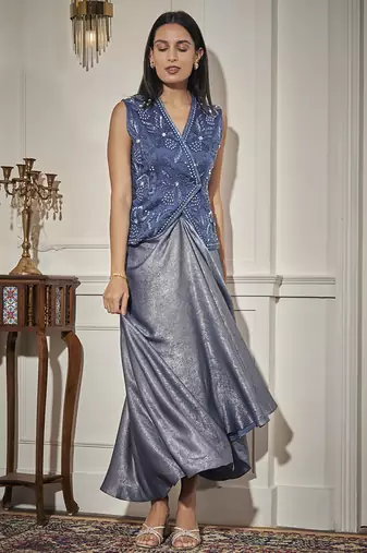 Blue organza embroidered waistcoat paired with skirt