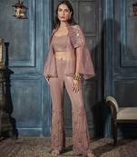 Rose gold organza embroidered top paired with pant & cape