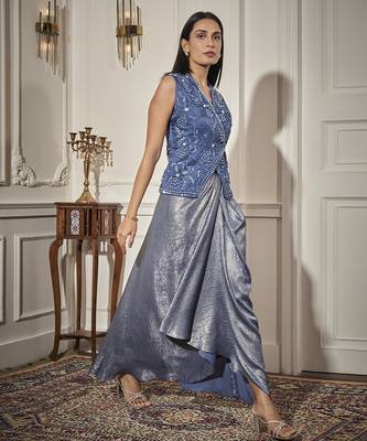 Blue organza embroidered waistcoat paired with skirt 4