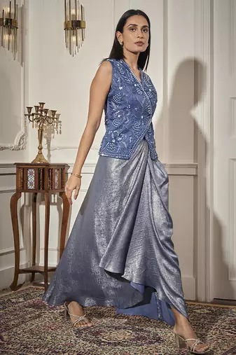 Blue organza embroidered waistcoat paired with skirt