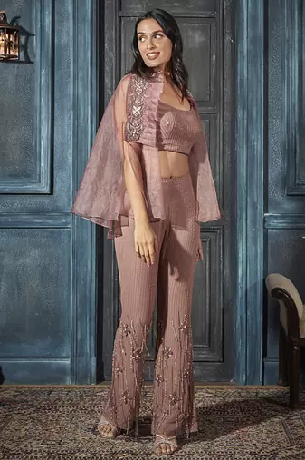 Rose gold organza embroidered top paired with pant & cape