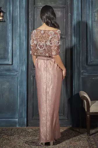 Rose gold net embroidered top paired with pant & cape