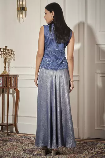 Blue organza embroidered waistcoat paired with skirt