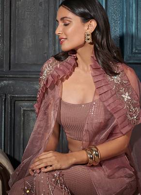 Rose gold organza embroidered top paired with pant & cape 3