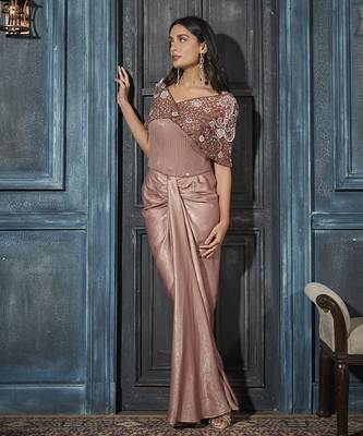 Rose gold net embroidered top paired with pant & cape 4
