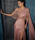 Pink crepe embroidered cape with plain skirt & bustier