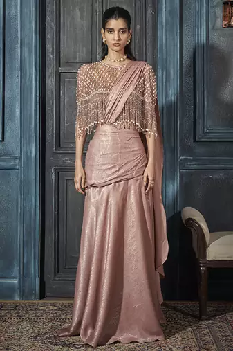 Pink crepe embroidered cape with plain skirt & bustier