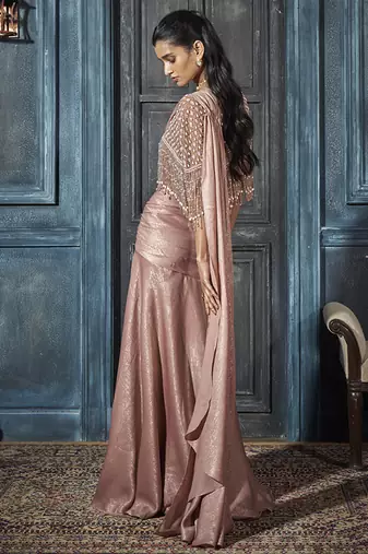 Pink crepe embroidered cape with plain skirt & bustier