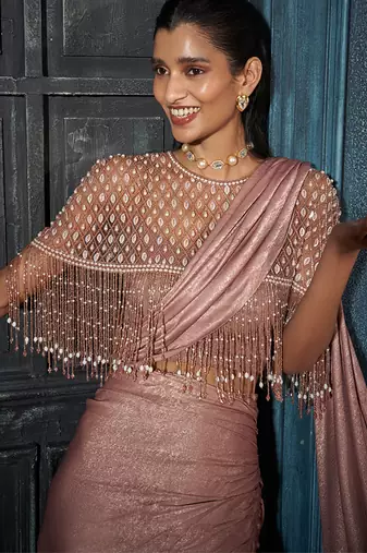 Pink crepe embroidered cape with plain skirt & bustier