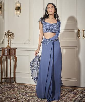 Blue georgette plain saree with embroidered blouse 1