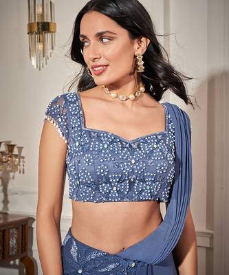 Blue georgette plain saree with embroidered blouse 2