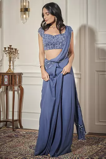 Blue georgette plain saree with embroidered blouse