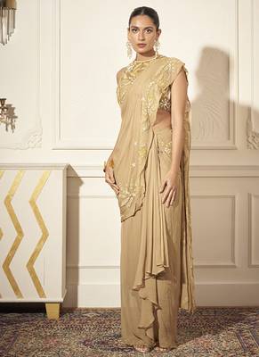 Gold georgette embroidered saree with blouse 1