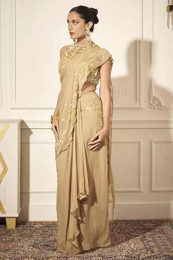 Gold georgette embroidered saree with blouse