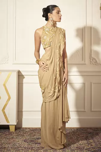 Gold georgette embroidered saree with blouse