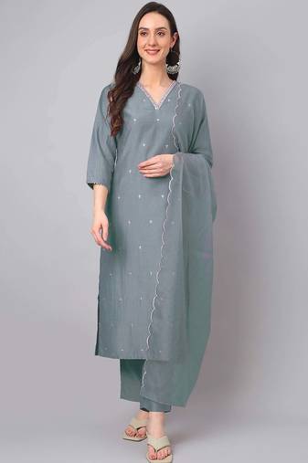 women's ice blue silk blend embroidered regular kurta set