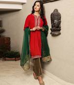 Fuschia pink embroidered velvet kurta set with velvet harem pants & dupatta, stitched