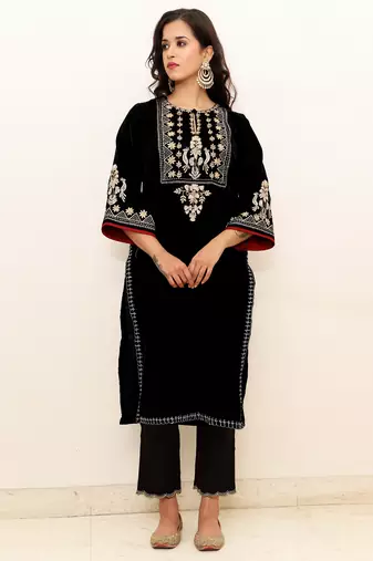 Black embroidered velvet kurta set with mashru silk pants, stitched