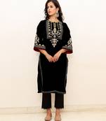 Black embroidered velvet kurta set with mashru silk pants, stitched