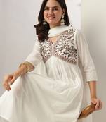 women's white dobby pure cotton embroidered a-line kurta set