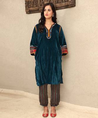 Teal crushed embroidered velvet kurta set with stripe modal silk harem pants 1