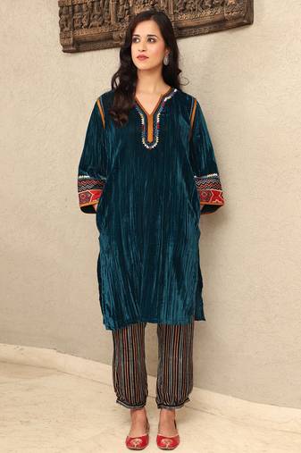 Teal crushed embroidered velvet kurta set with stripe modal silk harem pants, stitched