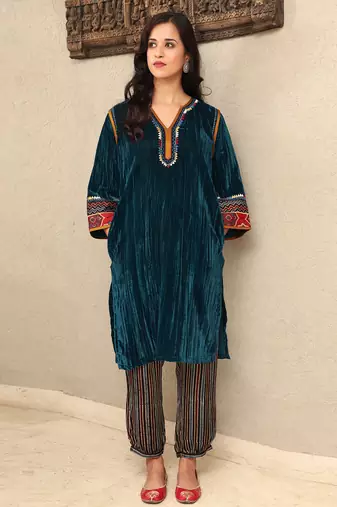 Teal crushed embroidered velvet kurta set with stripe modal silk harem pants, stitched