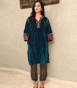 Teal crushed embroidered velvet kurta set with stripe modal silk harem pants, stitched