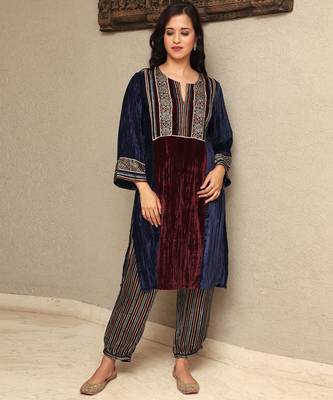 Colour block crushed velvet kurta set with stripe modal silk harem pants 1