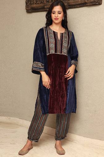 Colour block crushed velvet kurta set with stripe modal silk harem pants, stitched