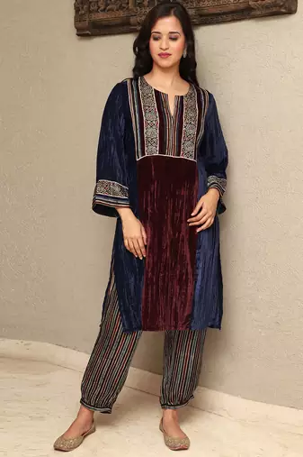 Colour block crushed velvet kurta set with stripe modal silk harem pants, stitched