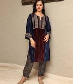 Colour block crushed velvet kurta set with stripe modal silk harem pants, stitched