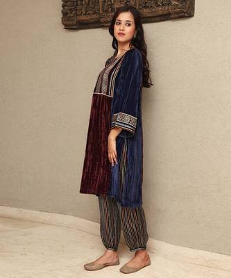 Colour block crushed velvet kurta set with stripe modal silk harem pants 2