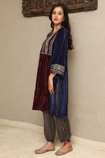 Colour block crushed velvet kurta set with stripe modal silk harem pants