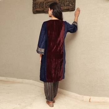 Colour block crushed velvet kurta set with stripe modal silk harem pants 3