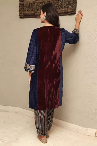 Colour block crushed velvet kurta set with stripe modal silk harem pants