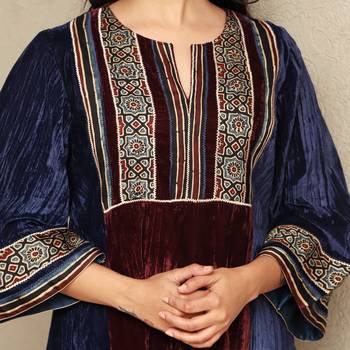 Colour block crushed velvet kurta set with stripe modal silk harem pants 4