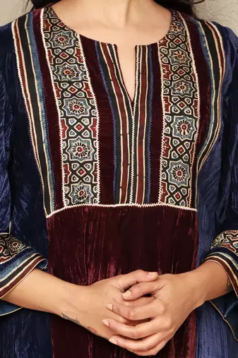 Colour block crushed velvet kurta set with stripe modal silk harem pants