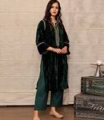 Dark green embroidered velvet silk kurta with mashru silk pants, stitched