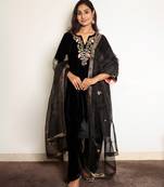 Black embroidered velvet kurta set with salwar and organza dupatta, stitched