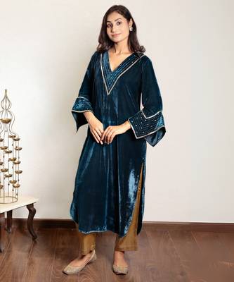 Teal hand embroidered kurta with mashru silk pants 1